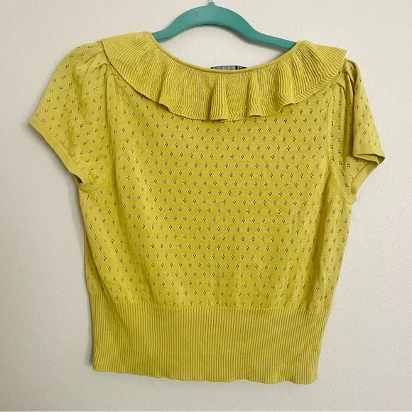 INC International Concepts Chartreuse Ruffled Cropped Silk Blend Cardigan - Picture 5 of 6